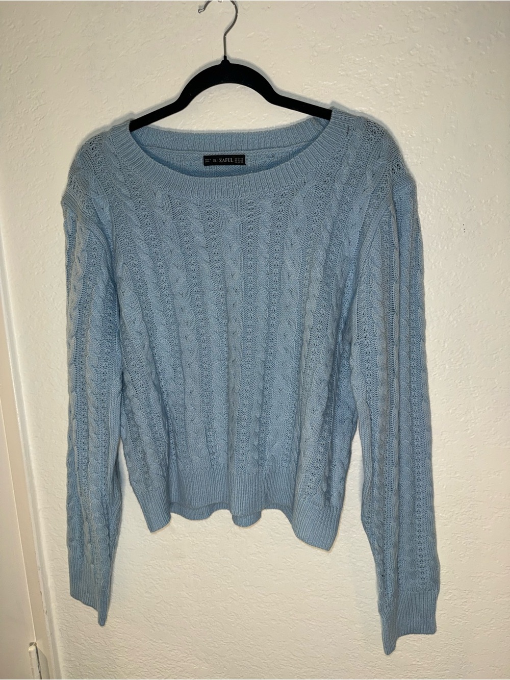 Zaful Light Blue Cable Knit Crewneck Sweater